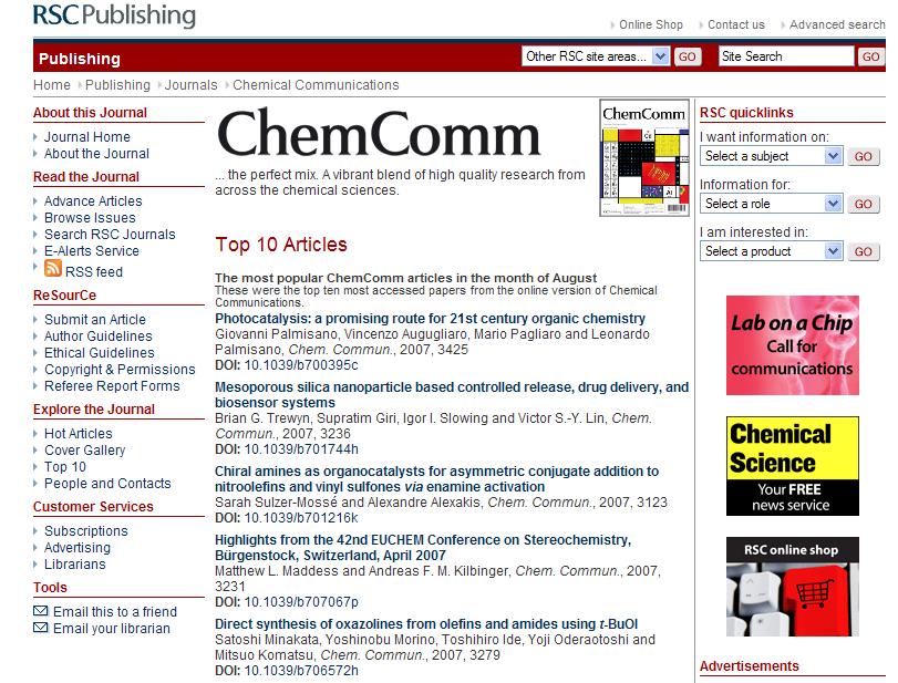 ChemComm Top 10 web page as of Sept. 2007