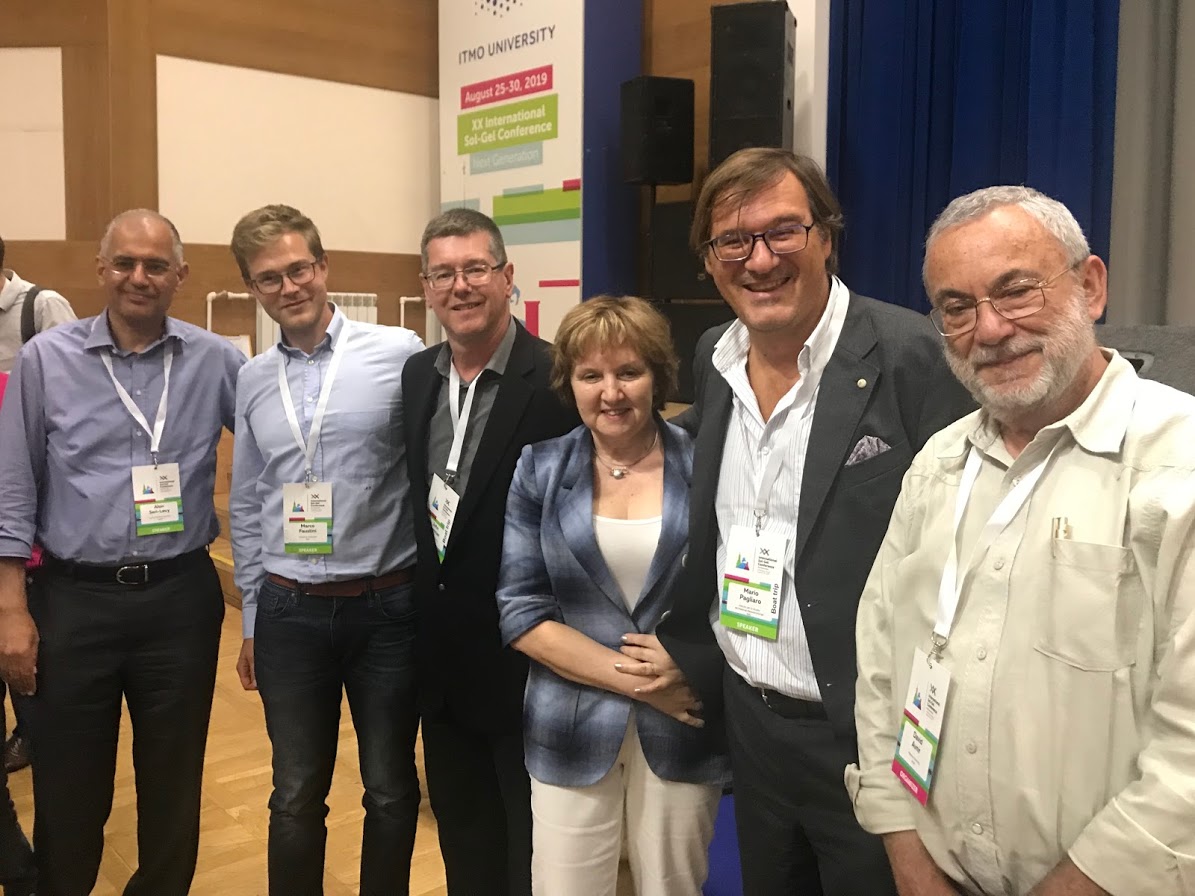 Alon Seri-Levy, Marco Faustini, John Brennan, Eugenia Kumacheva, Mario Pagliaro and David Avnir after the 'How to build a successful career' roundtable held at XX International Sol-Gel Conference, 27 August 2019