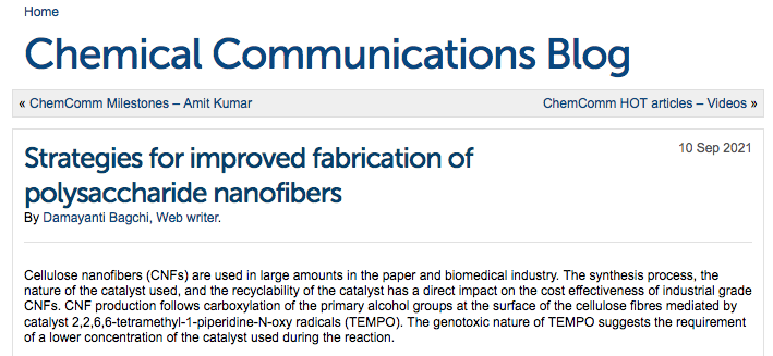 ChemComm blog post highlighting hot article on enhanced polysaccharide nanofibers