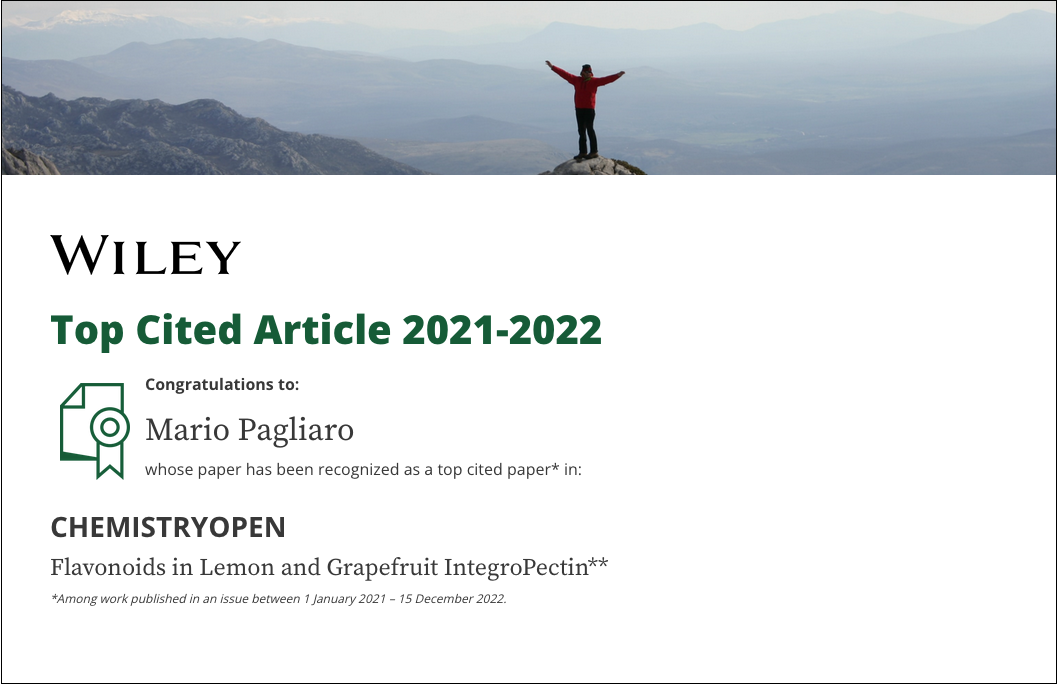ChemistryOpen Top Cited Article, 2021-2022, from Mario Pagliaro's Lab