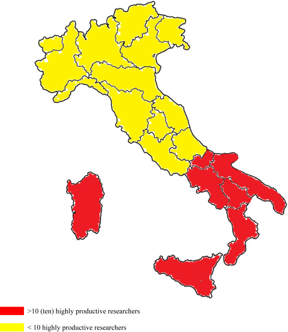 Map of Italy's Research Council with highly productive researchers.
