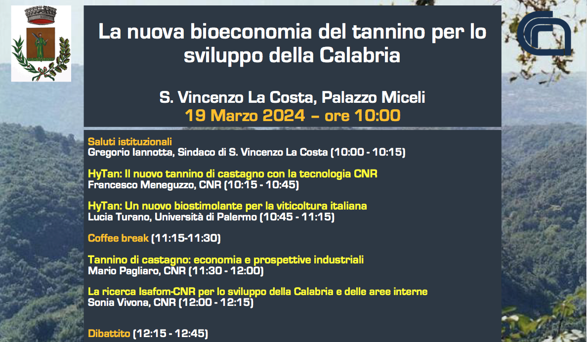 La nuova bioeconomia del  tannino per lo sviluppo della Calabria (S. Vincenzo La Costa,          19 Marzo)