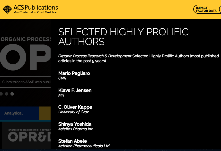 Mario Pagliaro leads the Highly Prolific Top Selected Authors list of OPR&D (2012-2016)