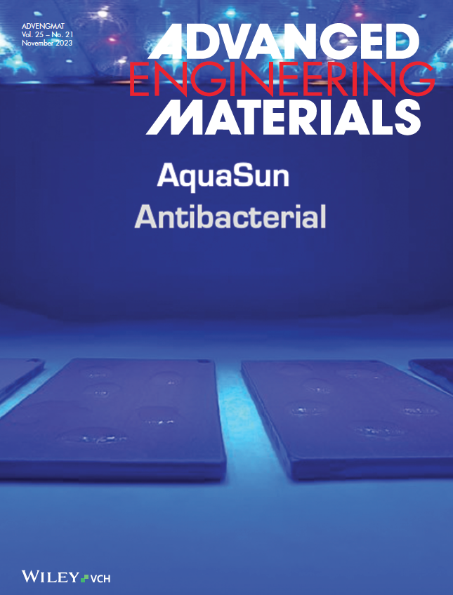 Cover of Advanced Engineering Materials issue 21/2023 dedicated to the discovery of AquaSun antibacterial properties