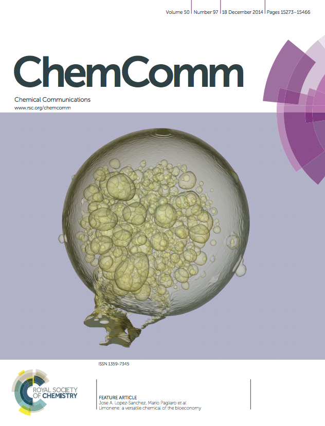 Chemical Communications cover issue 97,
                  volume 50, 2014, dedicated to Mario Pagliaro's Lab                  work