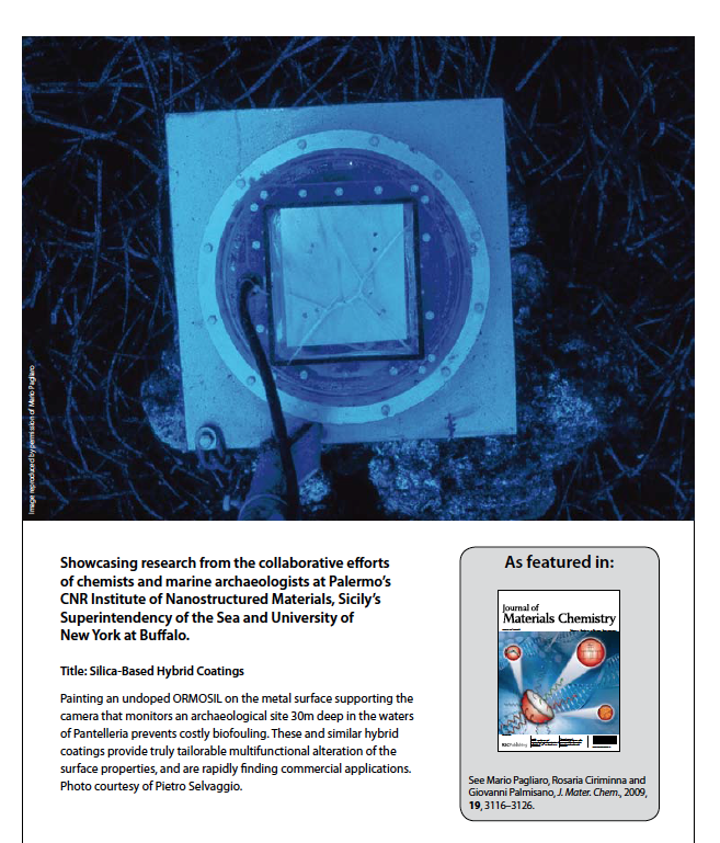 Journal of Materials Chemistry - Cover of
                  issue 20, volume 19, 2009, dedicated to Mario                  Pagliaro's Lab work
