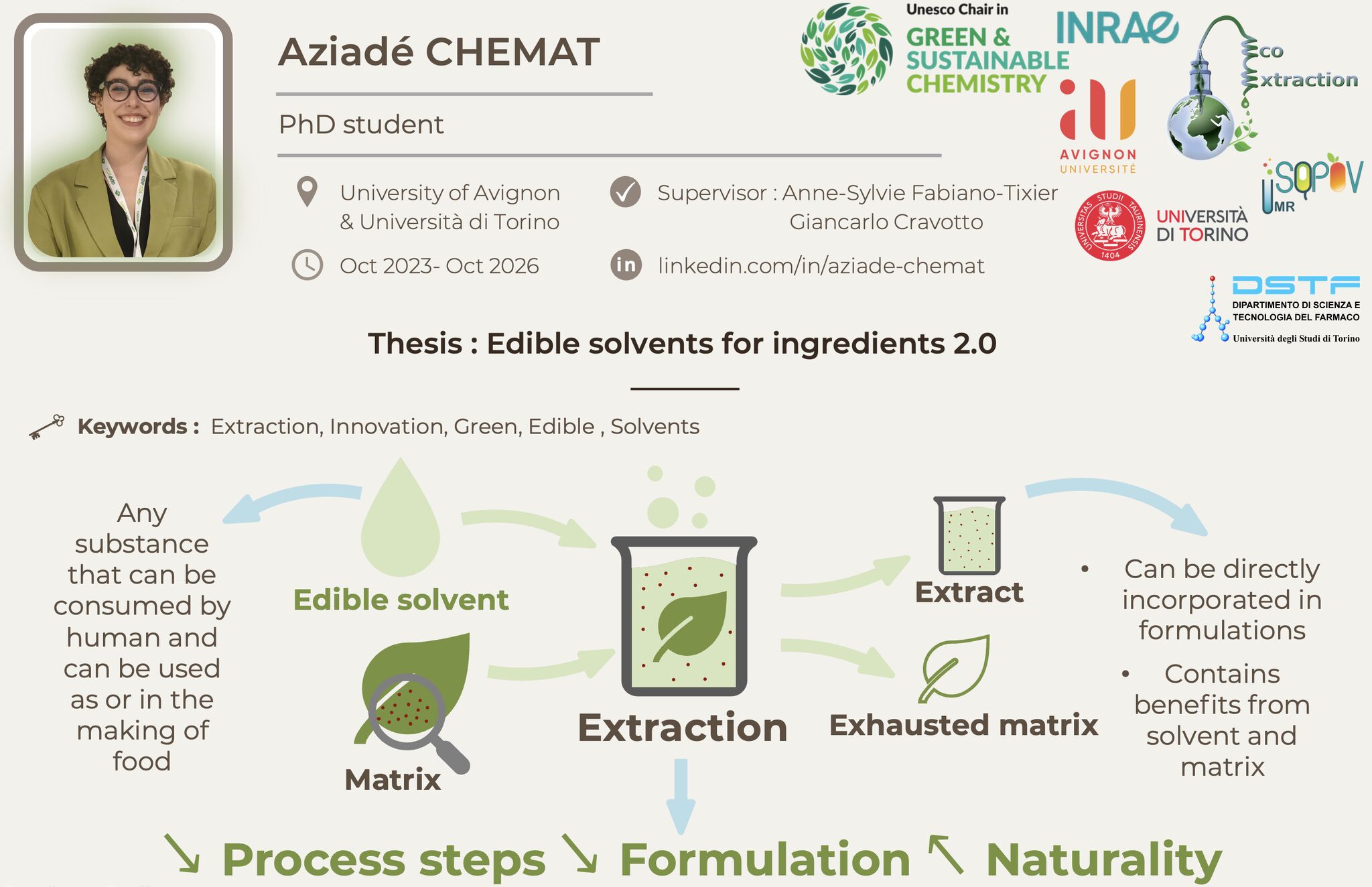Aziadé Chemat, PhD student
            in green extraction and natural products at Avignon
            Université and the University of Turin, will defend her
            doctoral thesis on October 16, 2026