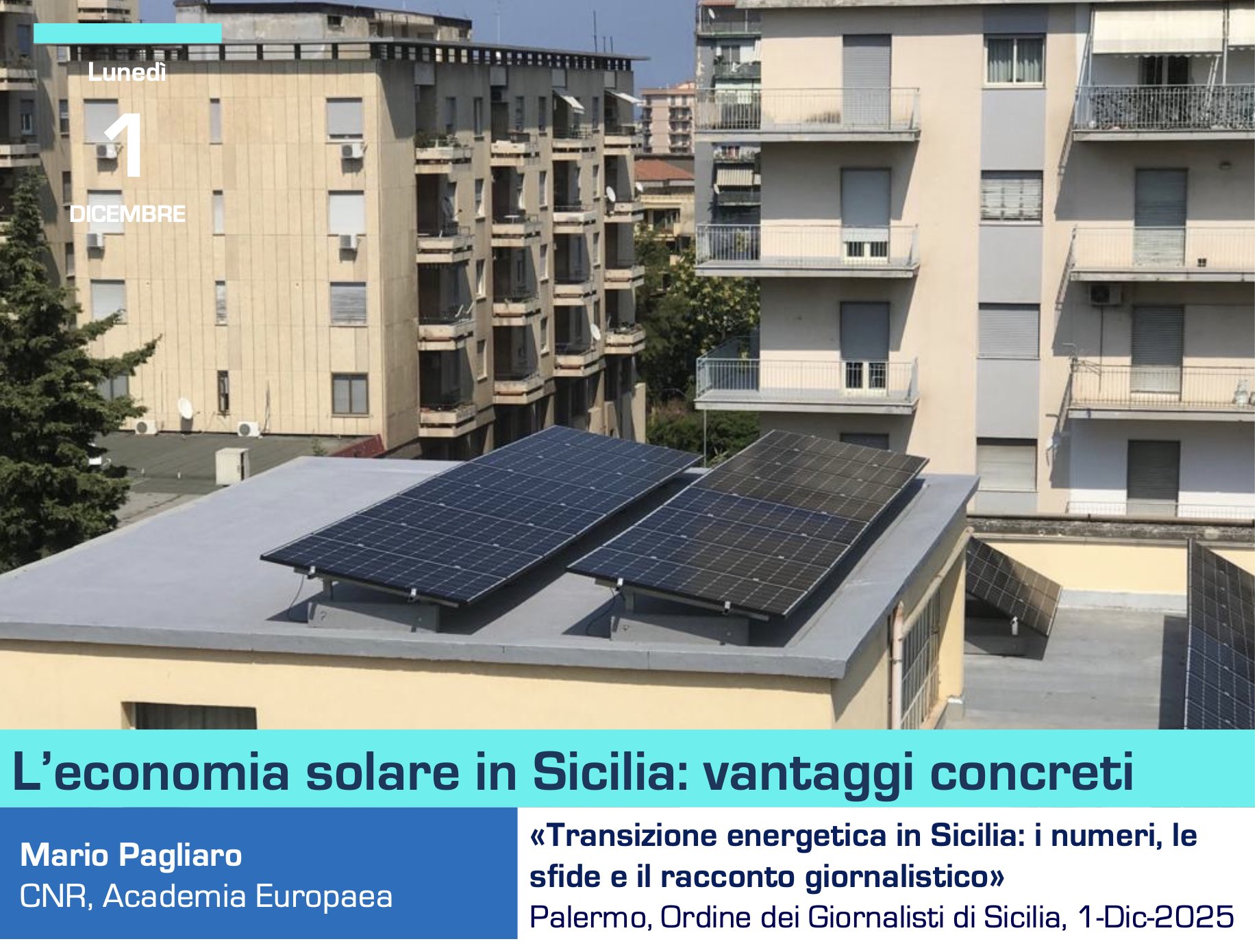 Slide di apertura dell'intervento di Mario
          Pagliaro sull'economia solare in Sicilia