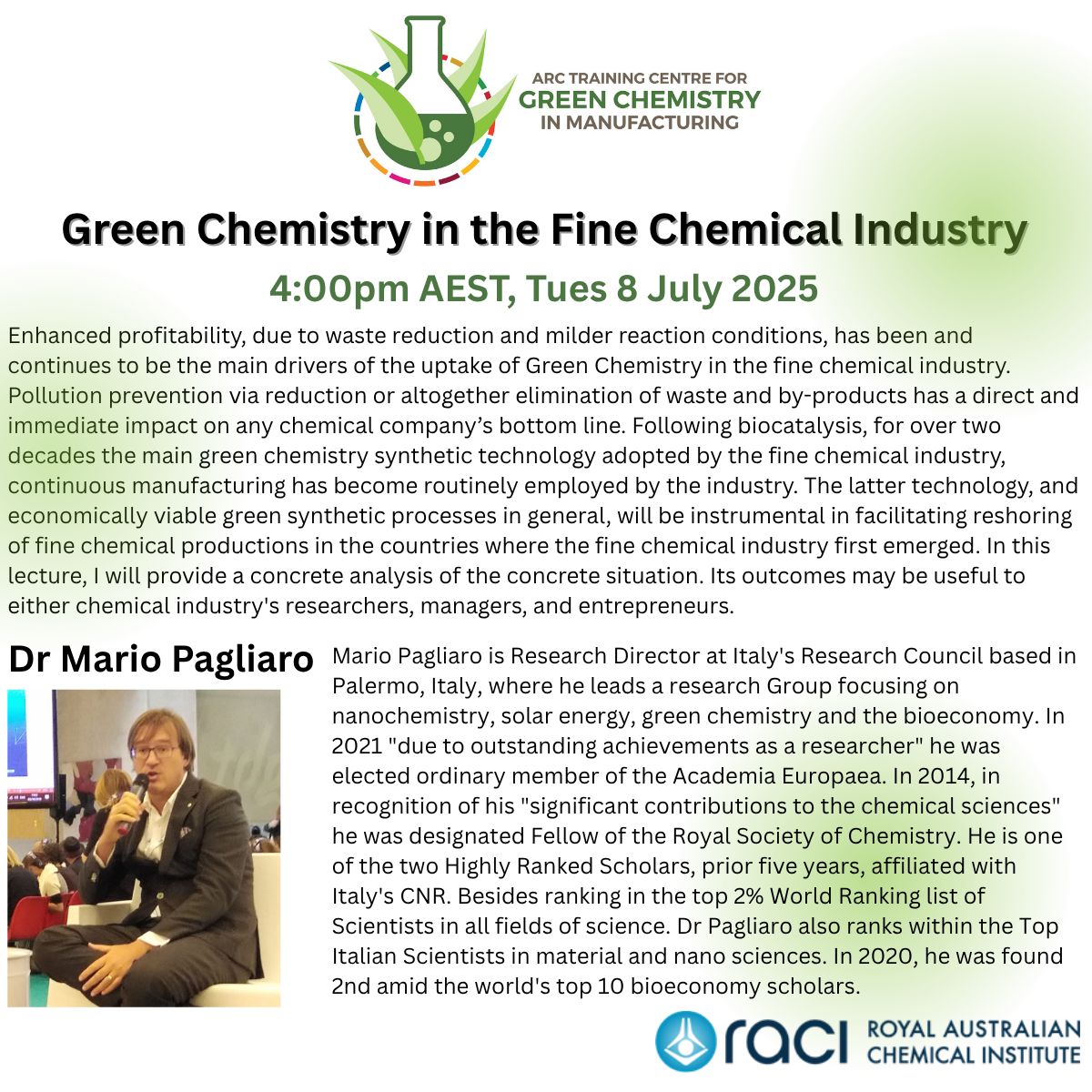 Mario Pagliaro's lecture at ARC
            Training Centre for Green Chemistry in Manufacturing on July
            8, 2025