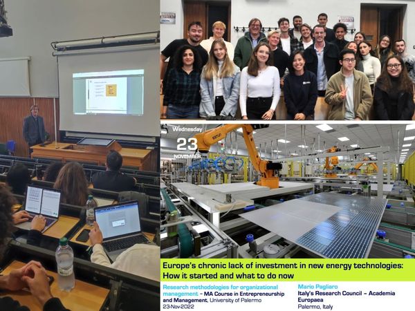 The students of the MA Course in Entrepreneurship and Management of Palermo's University alongside Mario Pagliaro who lectured at the course on November 23, 2022