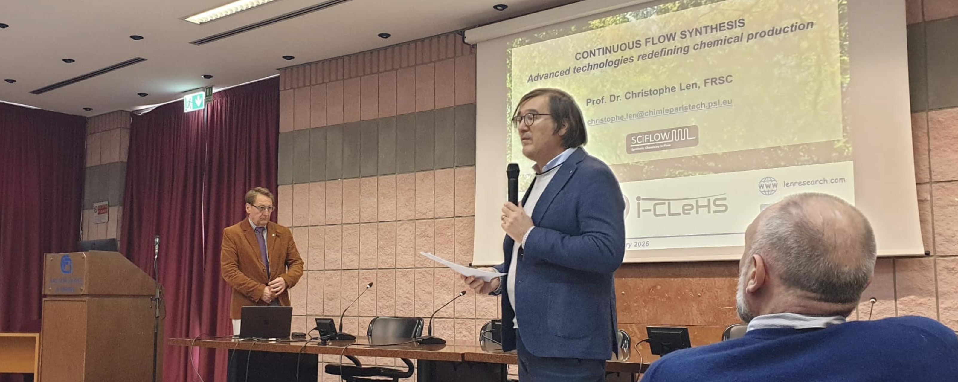 Mario Pagliaro introducing
          Professor Christophe Len at Italy's Research Council, Palermo,
          10 Feb 2026
