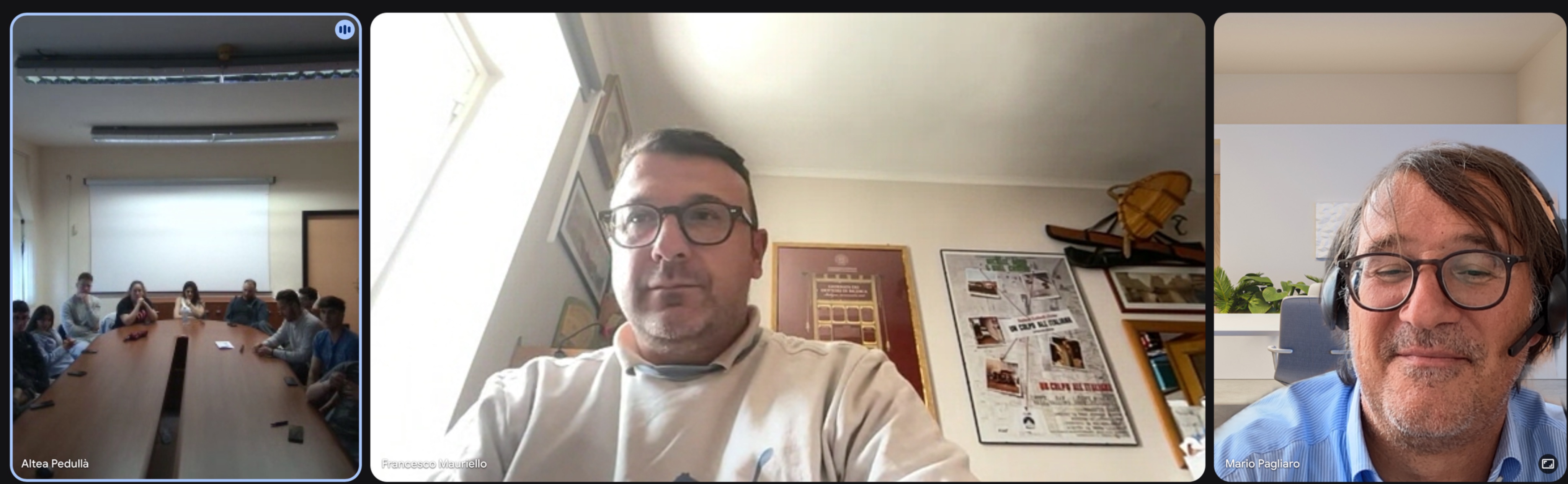 Altea Pedulla, Francesco
          Mauriello e Mario Pagliaro il 23 Maggio 2025 durante la
          lezione a distanza di Mario Pagliaro sulla professione di
          Energy manager in Italia oggi agli studenti dell'Universit
          Mediterranea di Reggio Calabria