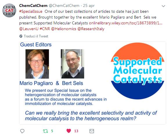 Supported Molecular Catalysts - ChemCatChem 2018
              Special Issue co-edited by Mario Pagliaro and Bert Sels